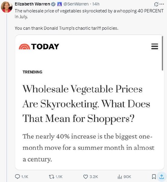 竹演配资 美国7月蔬菜批发价格暴涨40%，美参议员沃伦：“感谢特朗普混乱的关税政策”